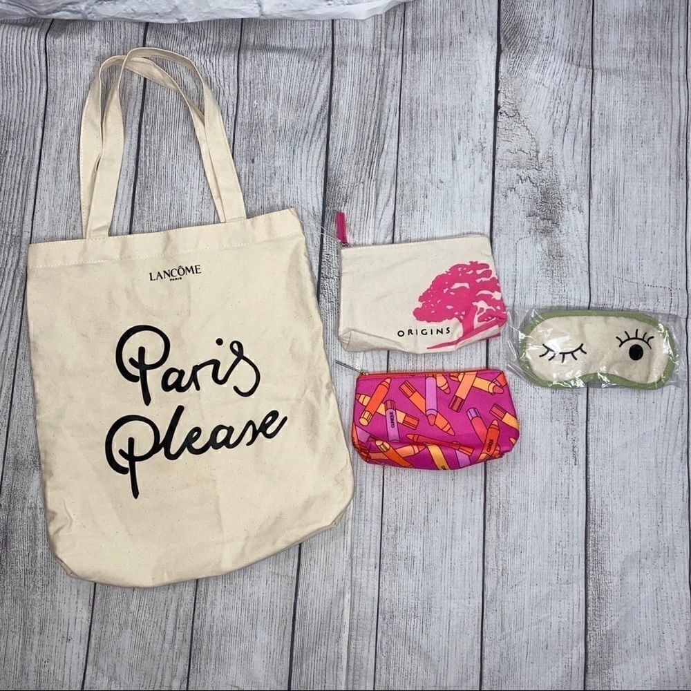 Lancôme Paris canvas tote, makeup bags, sleep mask
